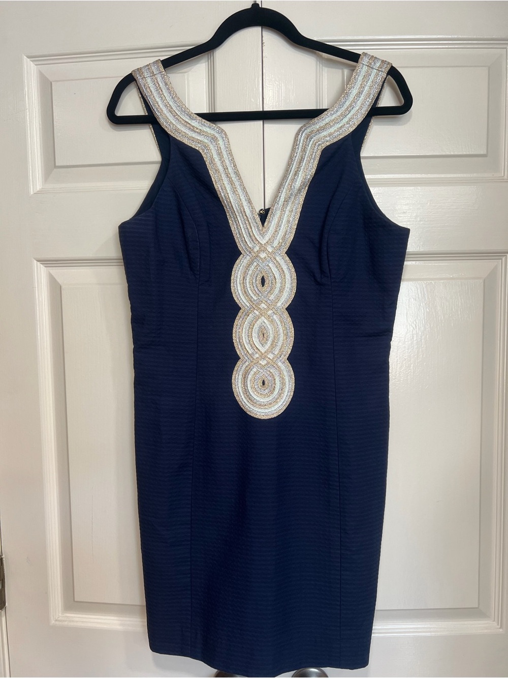 Lilly Pulitzer Women’s Navy Midi Dress with Gold/White Embellished V-Neck Sz 10